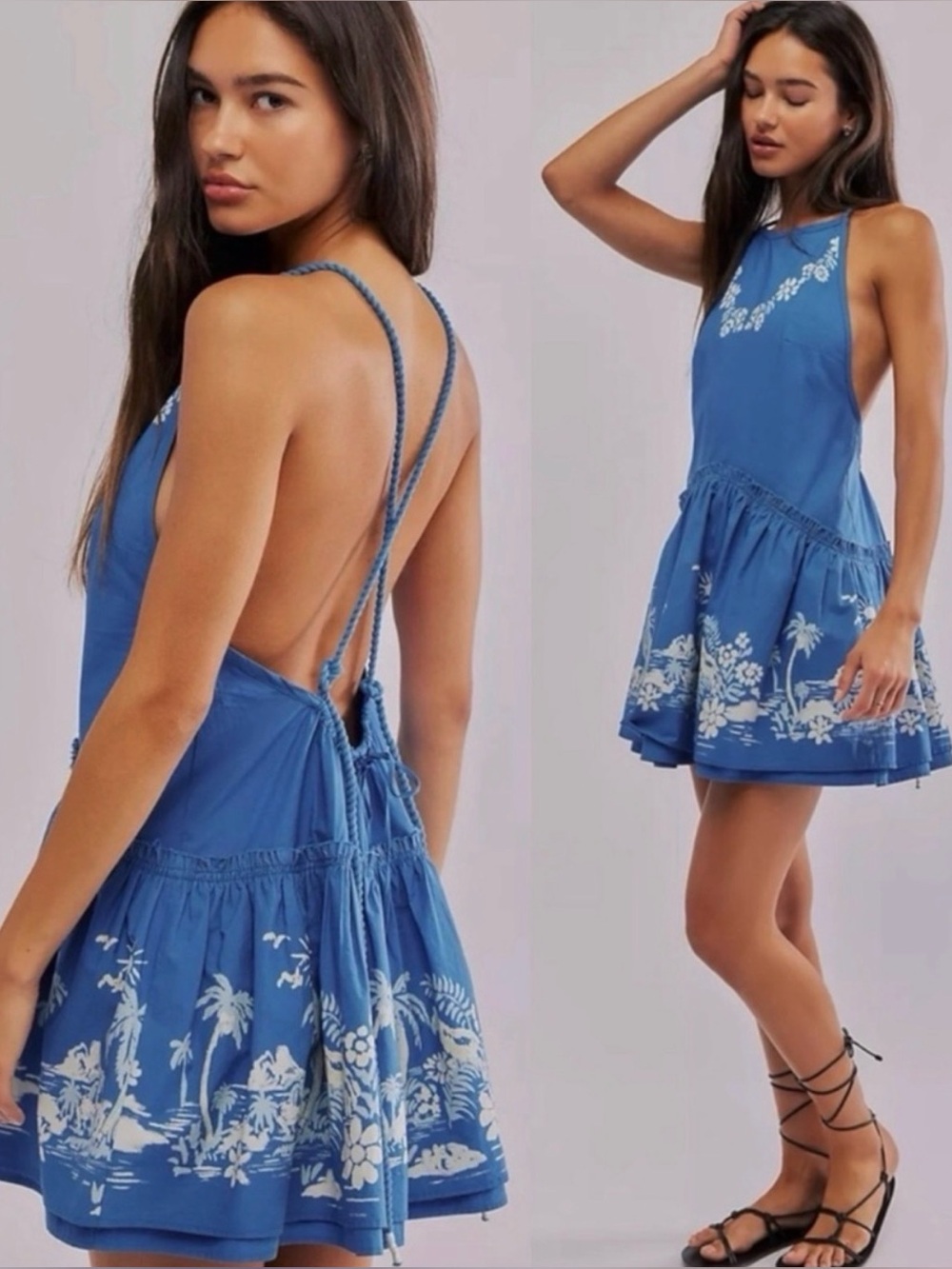 Free People Deserted Island Mini Dress Indigo Blue Medium Spring Break Beach